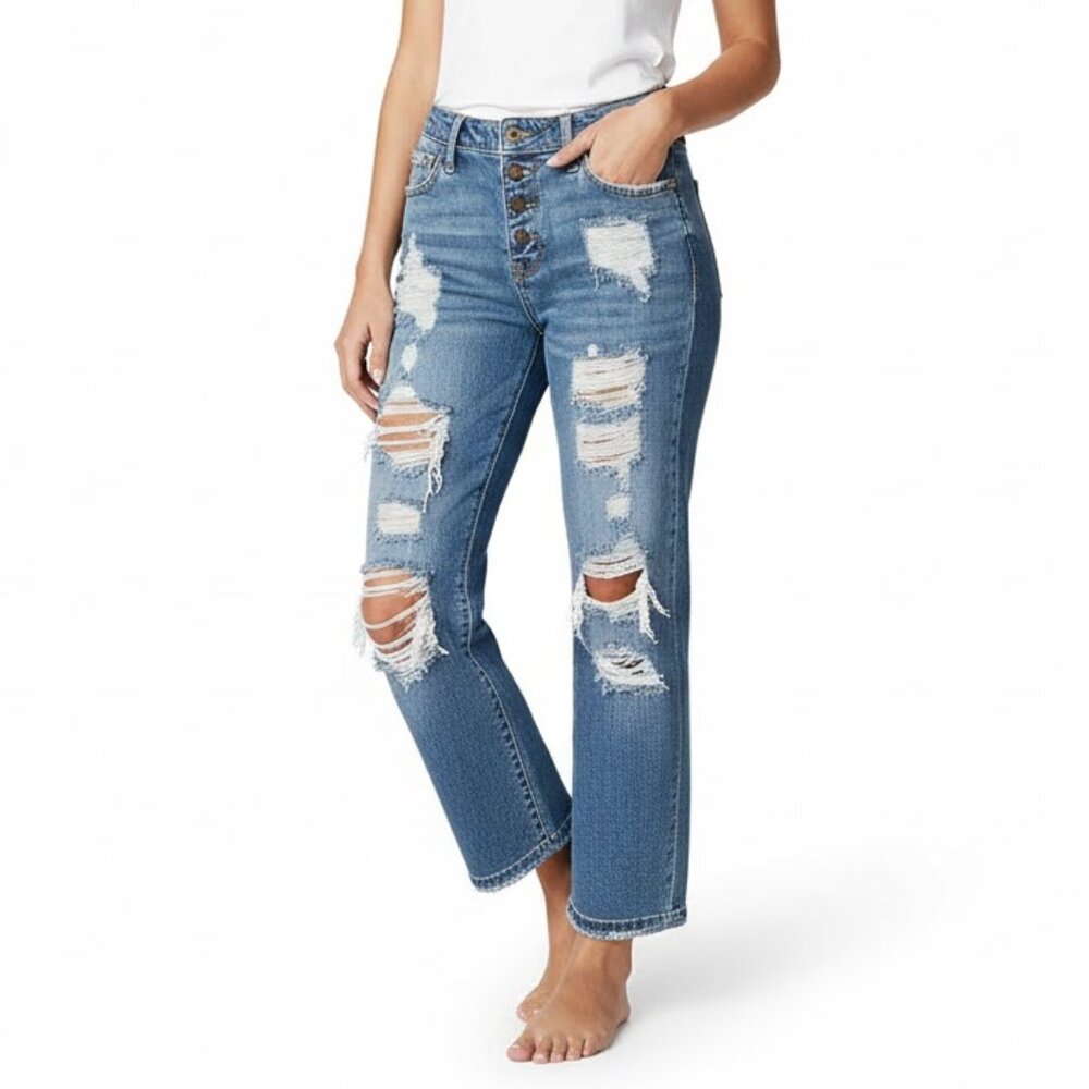 Hollister Blue Mid-Rise Crop Boyfriend distressed Denim Jeans Size 0R W24 L24